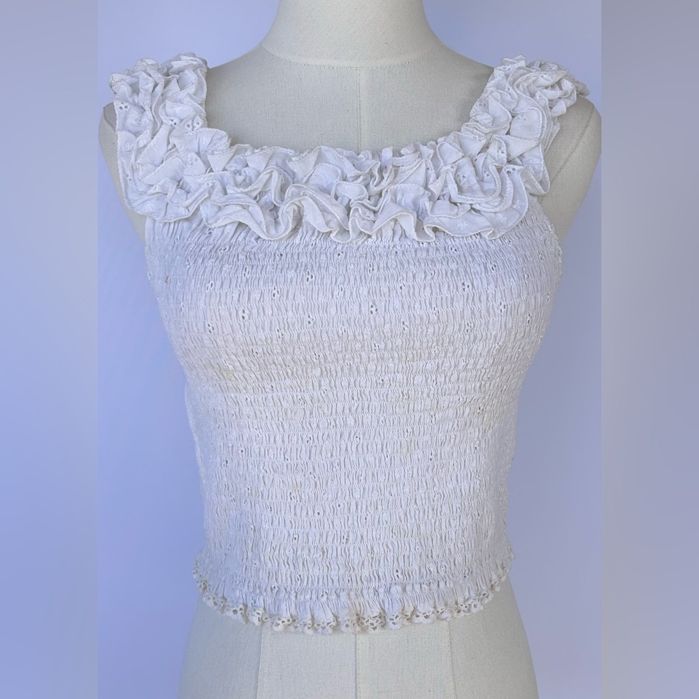 Mastro‎ Moda Women’s White Smocked Eyelet Ruffle Top Made in Italy